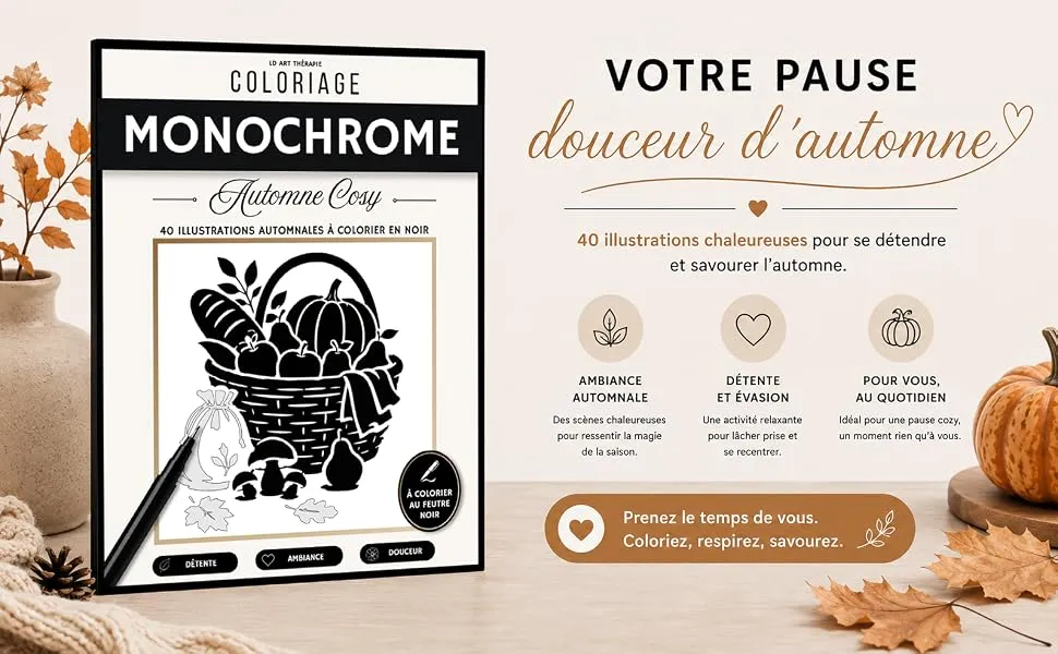 Coloriage Monochrome Automne Cosy : mise en scène du livre, visuel 1