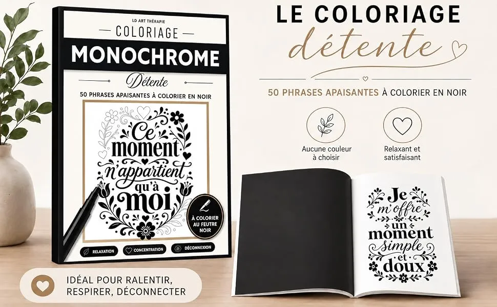 Coloriage Monochrome Détente : mise en scène du livre, visuel 1