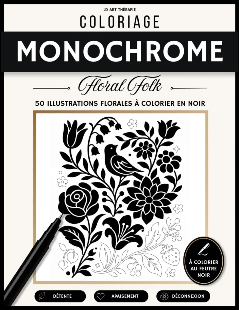 Couverture du livre Coloriage Monochrome Floral Folk