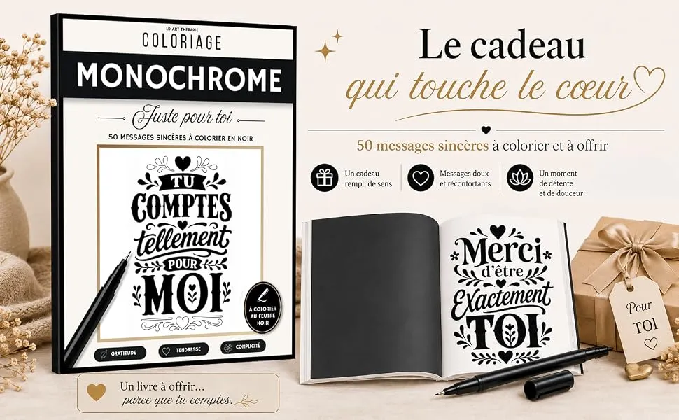 Coloriage Monochrome Juste pour Toi : mise en scène du livre, visuel 1