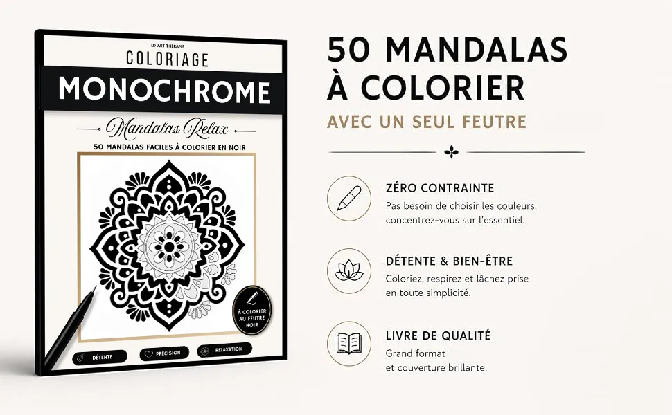 Coloriage Monochrome Mandalas Relax : mise en scène du livre, visuel 1